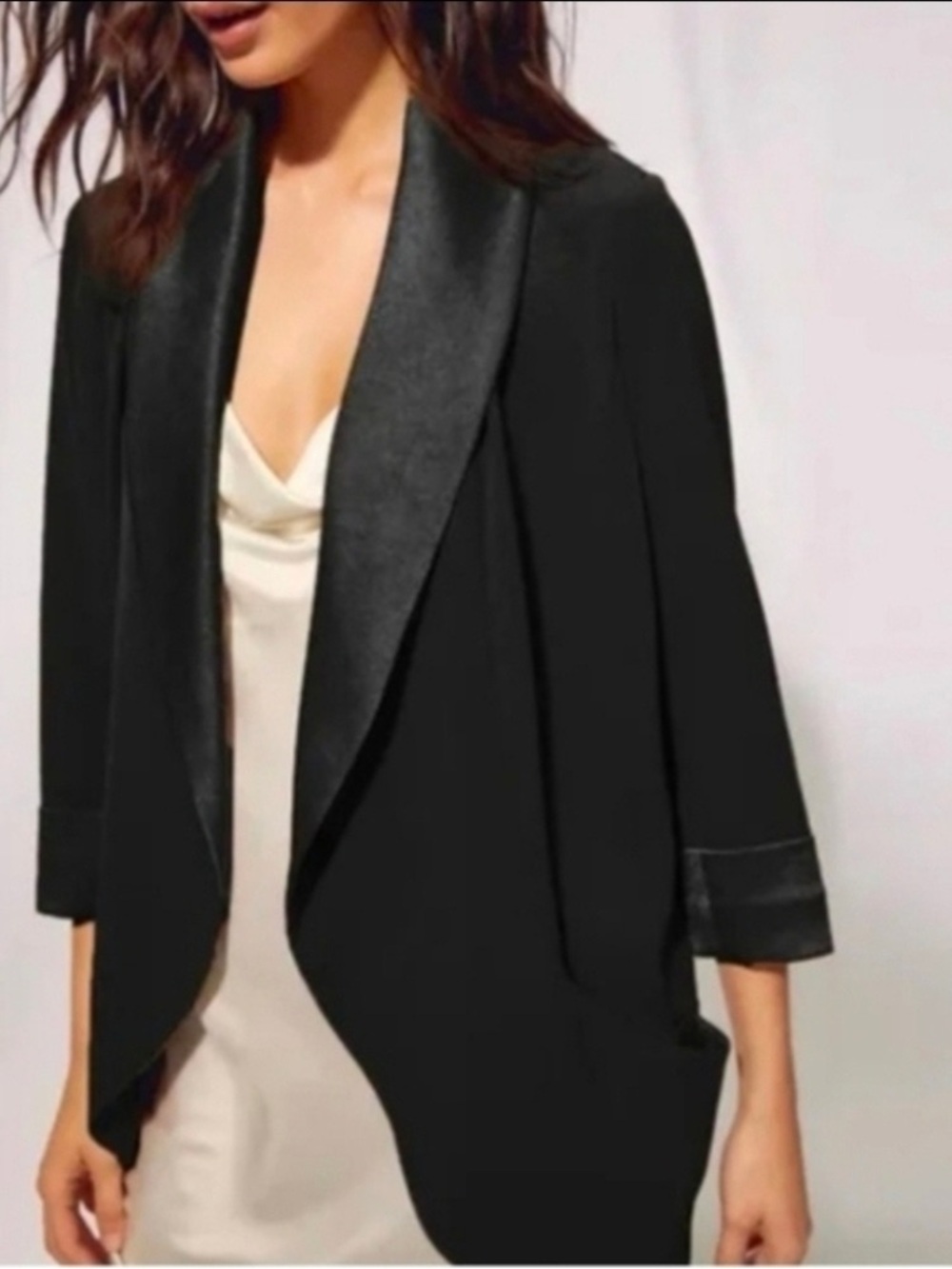 Aritzia Wilfred Black Satin-Trim Open Draped Jacket